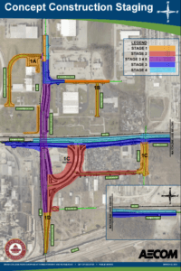 map showing color-coordinated stages of construction for brush college overpass project