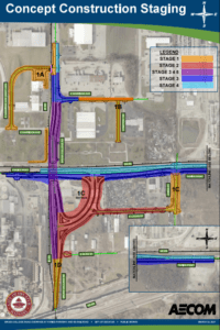 map showing road construction project with roads highlighted certain colors
