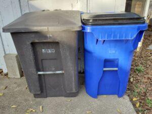 brown garbage tote and blue recycling tote