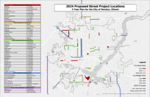 map showing proposed roadwork projects with colors representing what year they will be done and what entity is responsible for the project