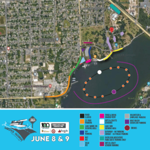 map for June 8 & 9 boat races at Lake Decatur with colors noting certain areas