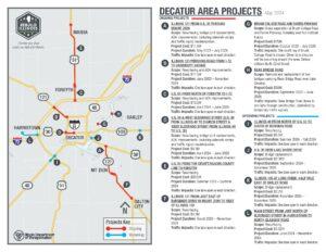map showing Decatur-area roads to be worked on by IDOT and a list with more details about the projects